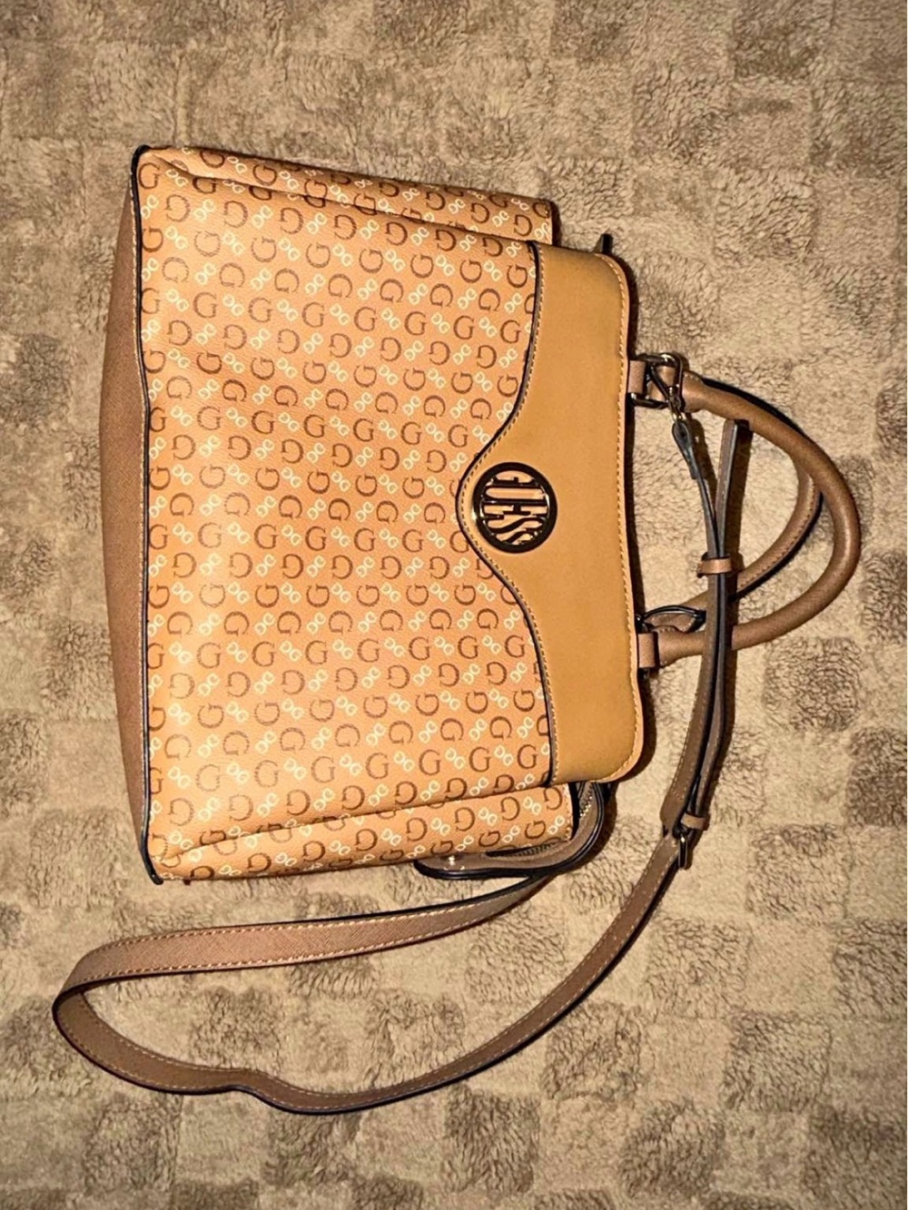 GUESS Tan Patterned Women's Satchel Bag with Adjustable Strap